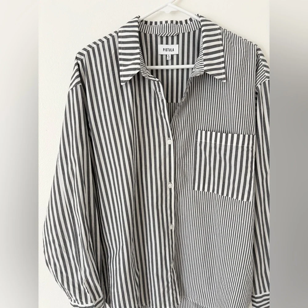 Pistola Millie Long Sleeve Button Down Shirt in Noir Ecru Stripe Size Large - Picture 4 of 7